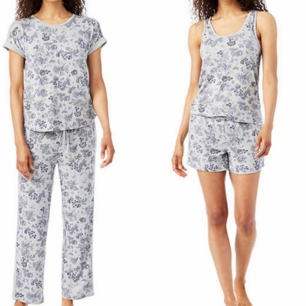 Lucky Brand Floral Tee Tank Shorts Pants Pajama 4 Piece Set Blue Grey XL